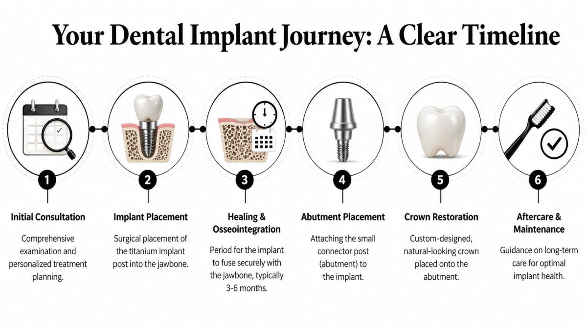 Seven Oaks - Dentistry & Sleep Medicine | FL Dental Implants: A Wesley Chapel Guide to a New Smile A six-step infographic showing the timeline of a dental implant procedure from consultation to long-term maintenance.
